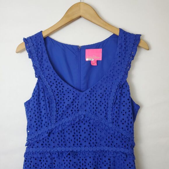 Lilly Pulitzer Royal Blue Eyelet Kaylee Shift Dress Size 6 Cotton Ruffle - Picture 4 of 11